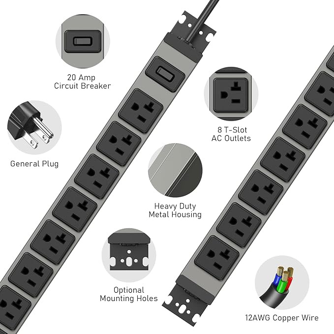 JUNNUJ Heavy Duty Power Strip Wall Mount, 20 Amp Surge Protector 1200J Metal 8 Outlet Under Desk Mounted 20A, Garage Power Bar Table Socket Industrial Outlets 6-20R T-Slot, 15FT 12AWG Extension Cord