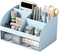 Desk Organizer with 6 Compartments and 2 Drawers, Plastic Makeup Organizer, Pen Holder for Desktop Storage, Desk Organization for School, Home, Office Supplies (Blue)