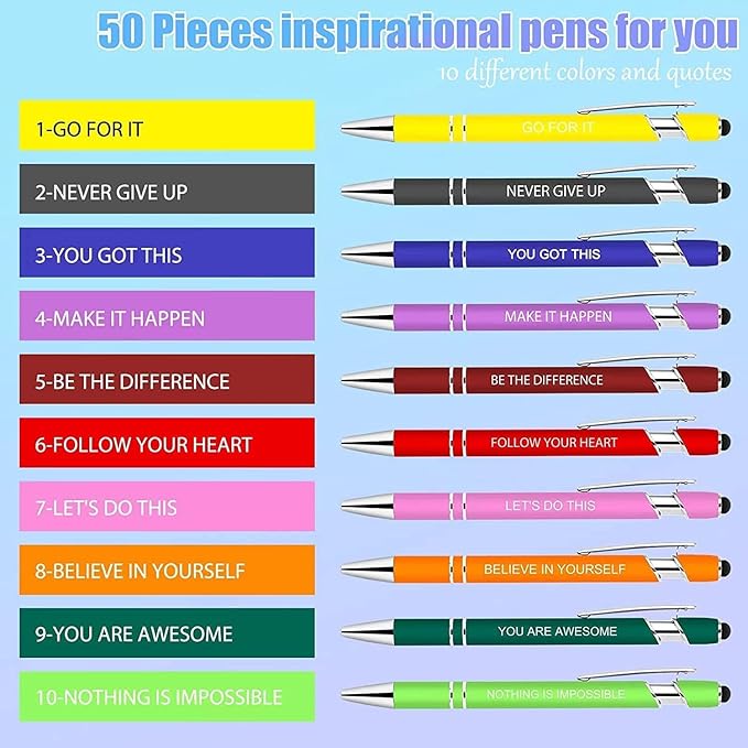 Greengines 10 Pcs Inspirational Pens - Motivational Ballpoint Pens Bulk with quotes Stylus Tip Gifts for School Coworkers Office Supplies Black Ink