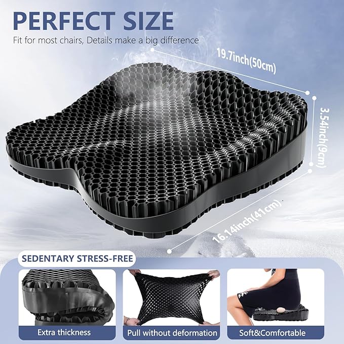 19.7in Thicken Cooling Gel Seat Cushion, Larger Gel Seat Cushion for Long Sitting Pressure Relief Seat Pad for Office Chair Egg Cushions for Car, Desk Chair, Wheelchair Cushion