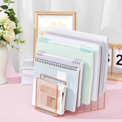 2 Pcs 7 Section Incline File Sorter Metal Wire Mesh File Rack for Desktop Letter Sorter for Magazine Folder Book Organizer Home Office School Paper Mail Desk Storage Holder (Rose Gold)