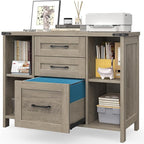 Vabches File Cabinet with 3 Drawers, Farmhouse Lateral File Cabinet Fits Files Letter/A4 Size, Wooden Filing Cabinet with Adjustable Shelves Printer Stand for Home Office, Grey