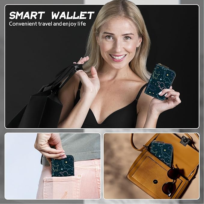 BWEGRHE Cute Credit Card Holder with Zipper, Fun Dinosaurs RFID-Blocking Card Case Small Wallet for Women Men, Multi-slot Card Organizer Case Travel Accordion Wallet