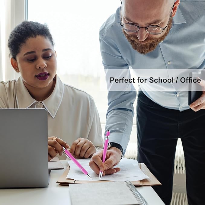 LINFANC 12 Pack Pink Ballpoint Pen with Stylus Tip, 1.0 mm Black Ink Smooth Writing Pens, Metal Stylus Pens for Touch Screens