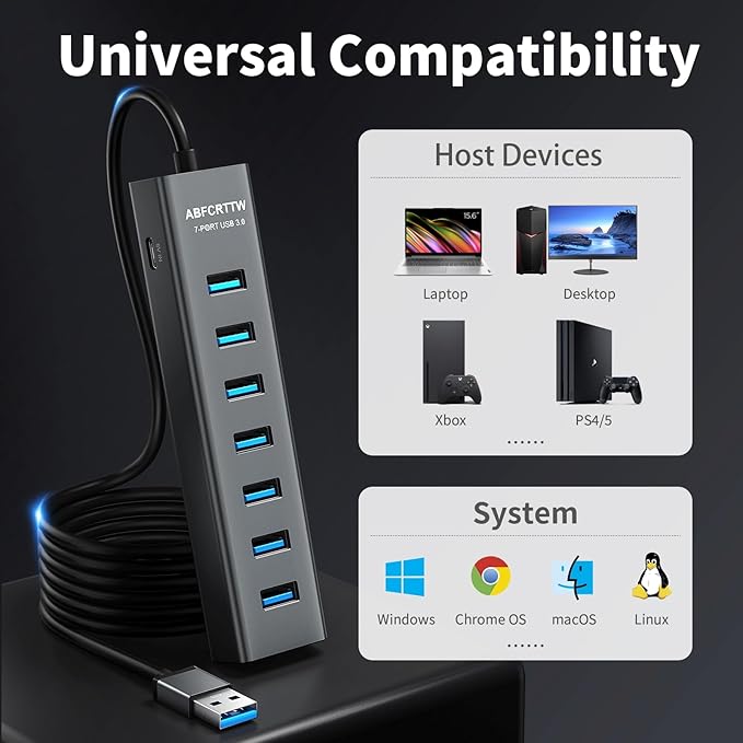 6Ft 7-Port USB 3.0 Hub for Desktop, Aluminium USB Extender Hub 5Gbps, Multiport Adapter, Long Cable for Desktop, PC, Flash Drive, Mobile HDD, Windows/XPS, 1.8m