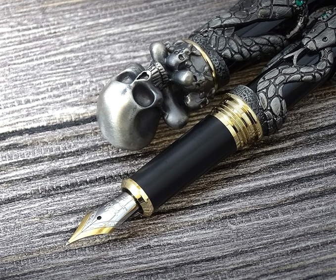 Jinhao Black Snake Fountain Pen Fine Nib with Skull Head Solid Metal