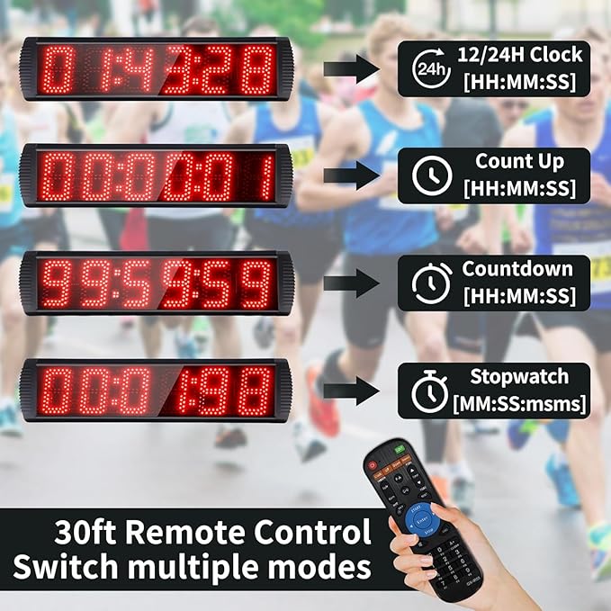 Portable 5 inch High 6 Digits LED Race Clock with for Running Events, Countdown/up Digital Race Timer, 12/24-Hour Clock,LED Stopwatch by Remote Control