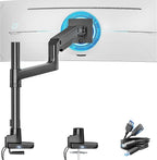 ARES WING Heavy Duty Monitor Arm with USB A/C, Tall Ultrawide Monitor Arm for 17 to 49 Inch Screen, Holds 44 Lbs, Adjustable Gas Spring Desk Mount, Black