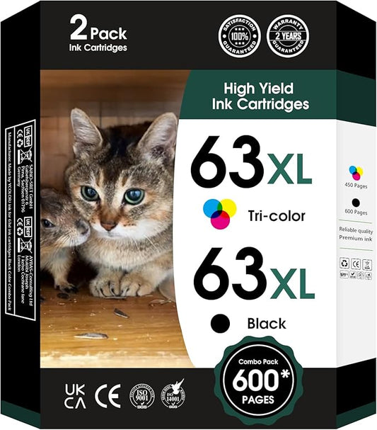 63XL Ink Cartridges Black and Color Replacement for HP Ink 63 XL 63xl Black Ink Cartridge Work with HP63 3830 4650 4652 4655 5200 5252 5255 5258 4520 4512 1112 2132 3630 3632 Printers 2PK