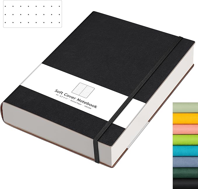 AHGXG Bullet Dotted Journal - Large A4 Notebook Dotted, 8.5''×11'', 320 Pages Dot Grid Notebook, 100gsm Thick Paper, Leather Softcover, with Journal Stencils, Inner Pocket - Black