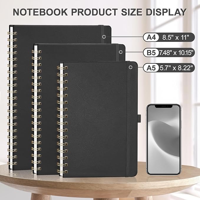 AHGXG Lined Spiral Notebook 8.5" x 11", A4 Large Notebooks for Women Men, Hardcover Leather Notebook College Ruled, 100 GSM Thick Paper, Notebooks for Work School Note Taking Writing, Black