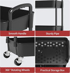 Sywhitta 4-Tier Plastic Rolling Utility Cart with Handle, Multi-Functional Storage Trolley for Office, Living Room, Kitchen, Movable Storage Organizer with Wheels, Black