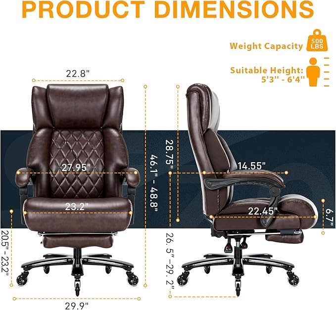 500 LBS Big and Tall Office Chair with Foot Rest High Back Recline Ergonomic Chair for Heavy People, Executive Office Chair Comfortable for Home Office, Large Computer Desk Chair Brown