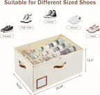 INSTY Shoe Organizer for Closet Fit 24 Pairs, Large Foldable Shoe Storage Containers Box Bin w/Adjustable Dividers and Clear Cover, Space Saving Shoe Storage Organizer Box, Beige