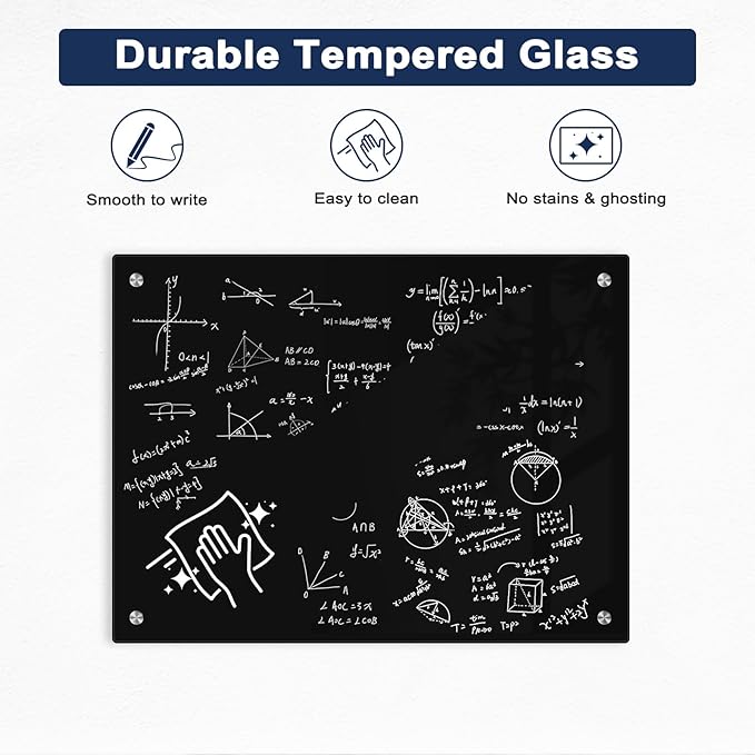 Black Dry Erase Board, 24" x 18" Magnetic Glass Whiteboard for Wall, Black Glass White Board with 1 Marker Tray and 3 Magnets for Office, Home, Classroom