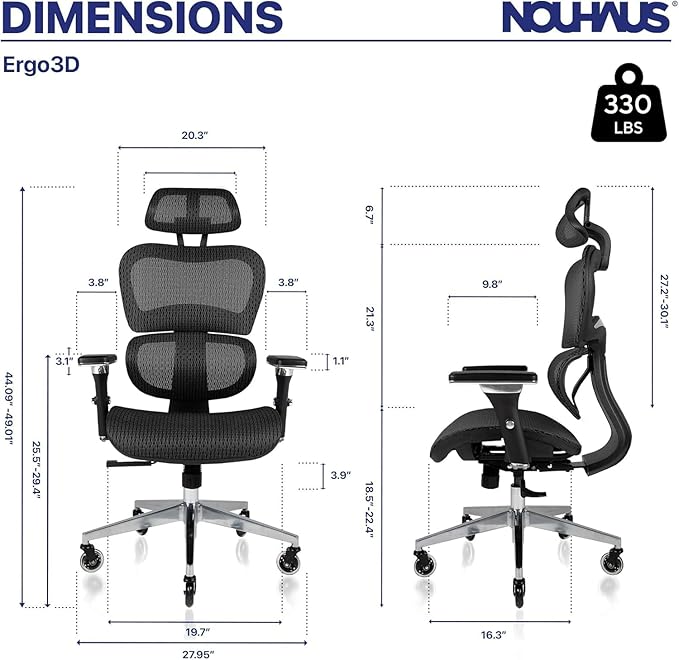 Nouhaus Ergo3D Ergonomic Office Chair Lumbar Support Mesh Office Chair with 4D Adjustable Armrest, Adjustable Headrest and Wheels, Mesh High Back Home Office Desk Chairs(Black)