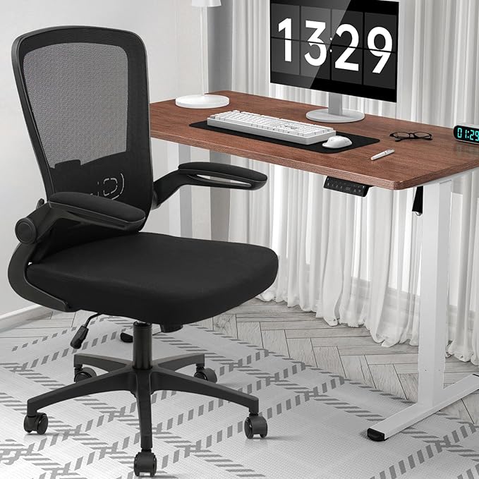 Office Desk Chairs with Wheels, Ergonomic Mesh Chair with Adjustable Height Lumbar Support, Rolling Swivel Computer Task Chair with Flip Up Armrests for Home, Study, Conference, Black