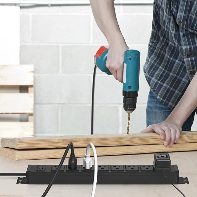 JUNNUJ Heavy Duty Power Strip Wall Mount, 20 Amp Surge Protector 1200J Metal 8 Outlet Under Desk Mounted 20A, Garage Power Table Socket Industrial Outlets 6-20R T-Slot, Black-10FT 12AWG Extension Cord