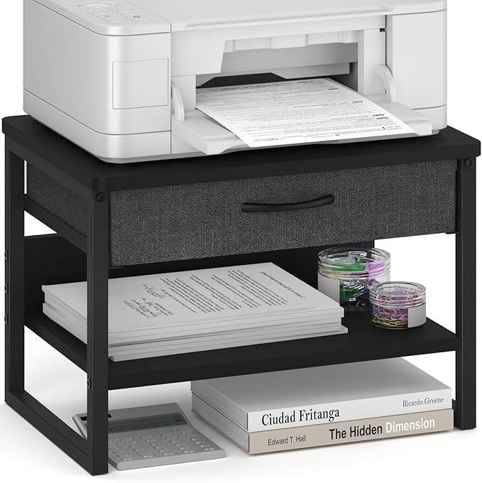 MARTY Printer Stand with Storage Drawer for Desk, 2-Tier Desktop Printer Stand Shelf Organzier for Home Office Printer Riser Under Desk Small Printer Table for Fax Machine Copier Scanner (Black)