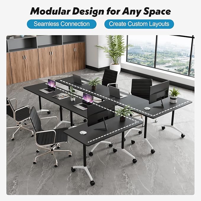 Goakwwuz Conference Room Table, Folding Conference Tables,Thicken Grey Tabletop,Flip Top Wooden Seminar Meeting Room Table for Conference Room Offices (4, Black, 55.1”)