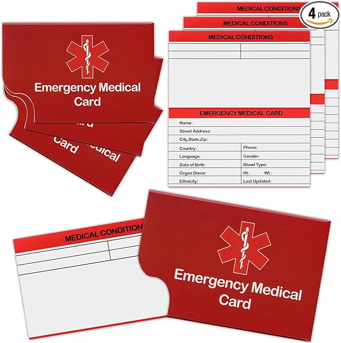4 Pack Emergency Medical Information Id Card Red Medical Condition and Emergency Contact Id Wallet Card Medical Alert Wallet Card Pocket Size Medication List and Medical Cards for Caretakers (Red)