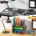 4-Tier Mesh Desk Organizer, Wooden Desk File Organizer with 5 Vertical File Holders and 2 Pen Holders, Desktop Organizers and Accessories with Drawer for Home Office