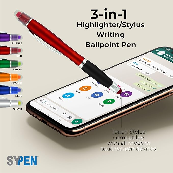 Personalized Pens with Gel Highlighter and Stylus -200 Pack Bulk-Free Imprint - 3 In Bible Highlighter No Bleed, Ballpoint Pen, and Stylus Combo- add Custom Name, Logo or Gift Message- Red