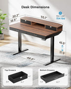 HUANUO 55 x 30 inch Electric Standing Desk with Wood Drawers, Adjustable Height Sit Stand Home Office Desk with Two Tiers, Ergonomic Adjustable Stand up Desk C-Clamp Monitor Mount Compatible, Walnut
