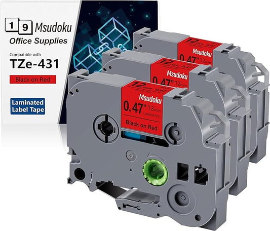 12mm 0.47 Inch Laminated Red TZe-431 TZe 431 TZe431 Tape Compatible for Brother P Touch Label Maker Label Tape for PT D200 D210 D220 D400 Cube Label Maker, Black on Red, 3 Pack