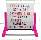 Swinging Changeable Message Sidewalk Sign 36″ x 37″ – Outdoor Advertising Sign Board with 792 Pre-Cut Double-Sided Letters & Storage Box – Heavy-Duty, Rust-Resistant Sidewalk Display for Businesses & Events (Pink Legs)