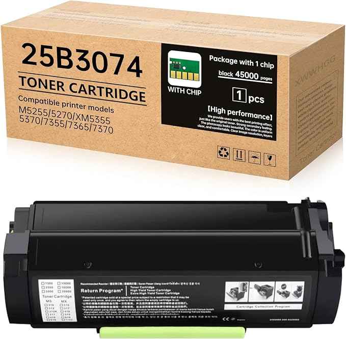 25B3074 High Yield Black Toner Cartridge (45,000 Pages) - Compatible with Lexmark M5255 M5270 XM5355 XM5370 XM7355 XM7365 XM7370 Printers(with Chip)