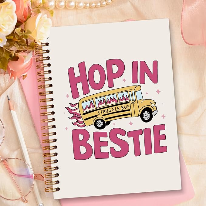 JXREQ Funny Mental Health Notebook, Mental Health Therapist Gifts Journal Notebook, Anti Anxiety Gifts Journal for Women, Struggle Bus Hop in Bestie Spiral Notebooks 5.5x8.3