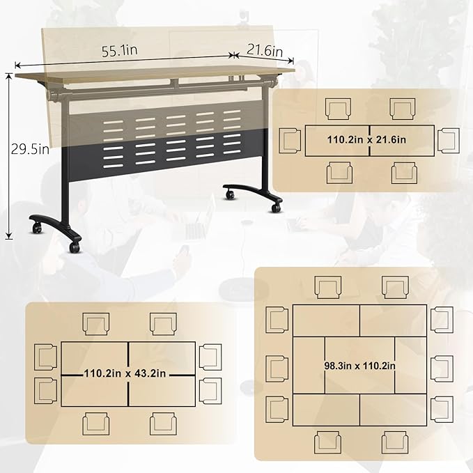JEHUJD Conference Table,55.1''Folding Conference Room Table for 4-12 People,Mobile Flip Top MeetingTraining Table with Different Coulor and Styles for Offices, Classrooms,Meeting Room (4, E)