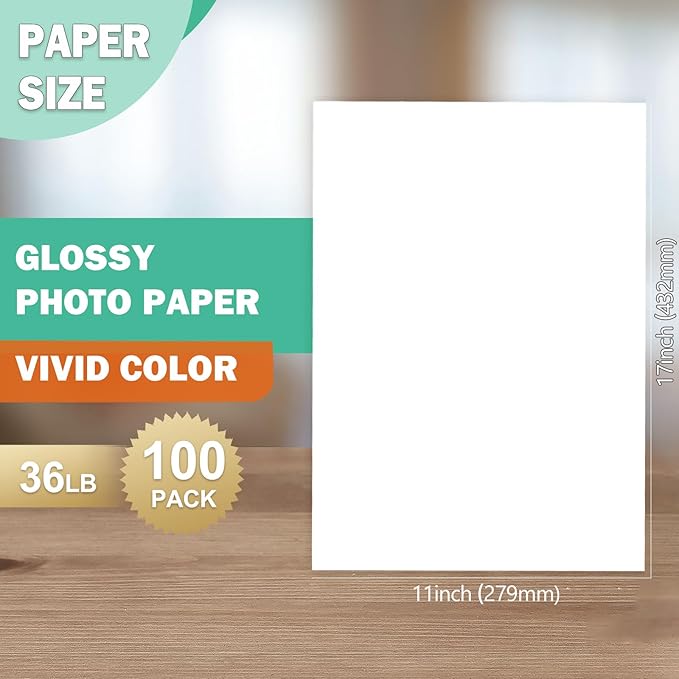 36lb Glossy Photo Paper, 11x17, Tabloid Size, Thin Glossy Photo Paper for Chip Bags, 100 Pack