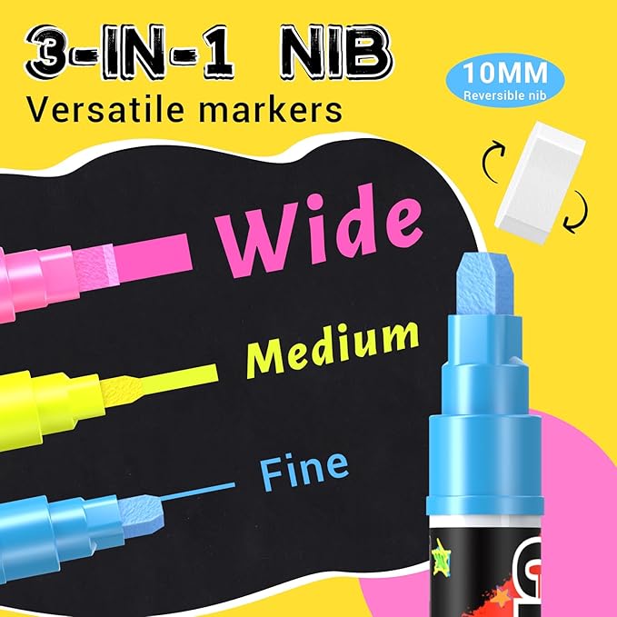 Jumbo Chalk Window Markers for Cars Glass Washable: 8 Colors Liquid Chalk Markers Pen with 10mm Wide Tip, Chalkboard Marker, Window Paint Marker for Car Window, Blackboard, Auto Windshield Decorations