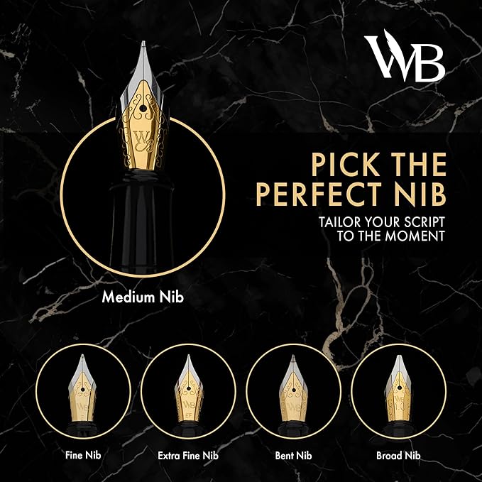 Wordsworth & Black Fountain Pen Set, Bent Nib, Includes 24 Pack Ink Cartridges, Ink Refill Converter & Gift Box, Calligraphy, [Imperial Blue], Perfect for Men & Women