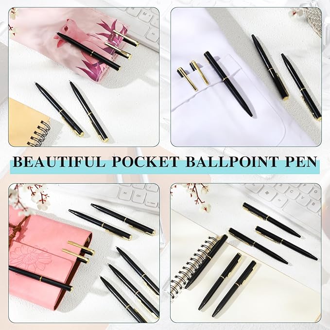 Teling 72 Pcs Small Ballpoint Pen Mini Pens Bulk 4 Inch Short Small Tiny Black Ink Ballpoint Writing Tool for Notebook Pockets Signature Notepads School Office(Black, Gold,Classic Style)