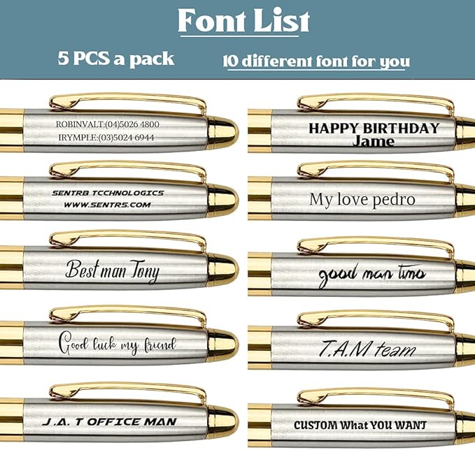 Ancolo Personalized Luxury Ballpoint Pen Writing Set-Stainless Steel Fancy pens Custom with Your Name or Message, Perfect for Students/Teacher/Manager/Lawyer/Professor 5PCS/Pack