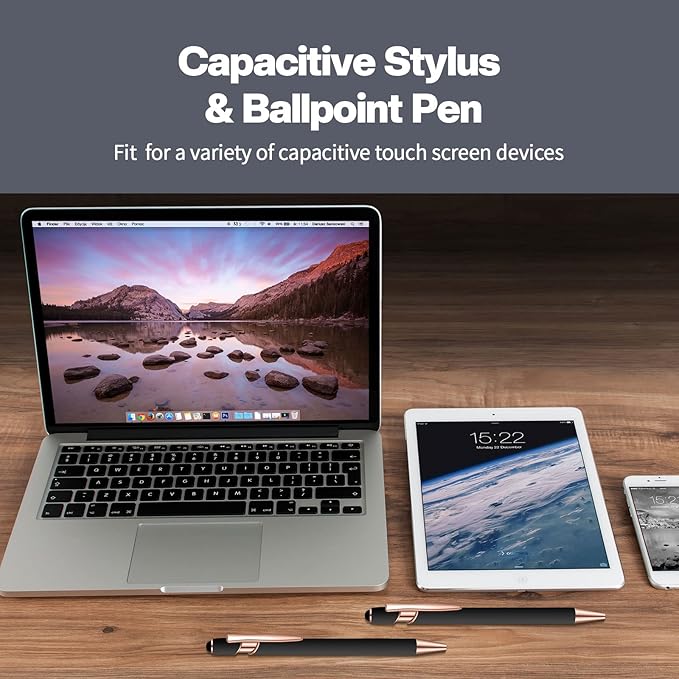 8 Pieces Ballpoint Pen with Stylus Tip Black Ink 2 in 1 Stylus Metal 1.0 mm Medium Point Smooth Pen Rainbow Colorful Rubberized Ballpoint for Touch Screen Tablet(Rose Gold, Black)