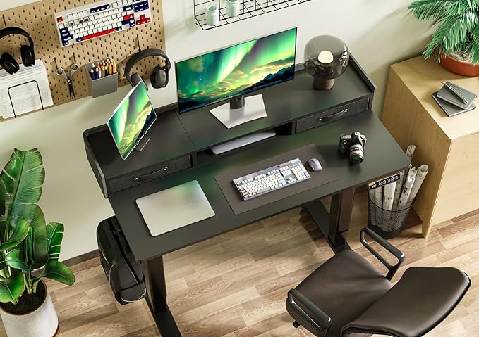 Claiks Standing Desk with Drawers, Stand Up Electric Standing Desk Adjustable Height, Sit Stand Desk with Storage Shelf and Splice Board, 48 Inch, Black