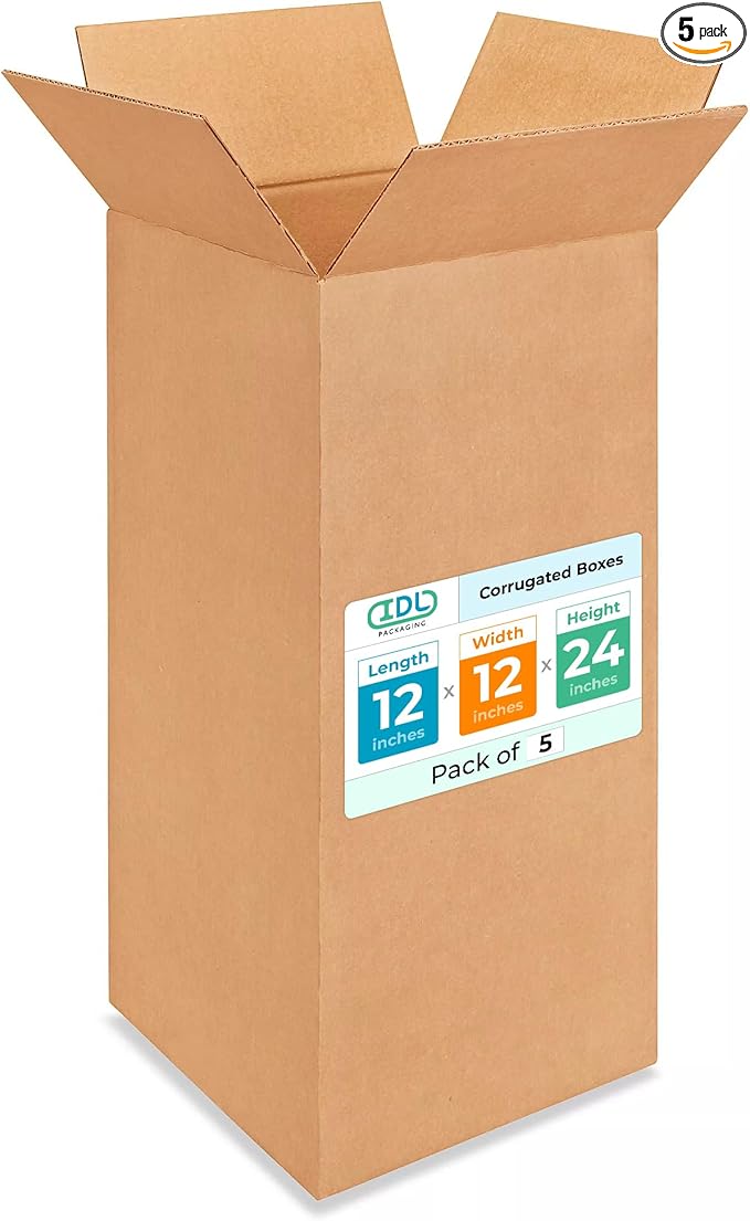 Tall Moving & Shipping Boxes 12 x 12 x 24 inches (5-Pack) - Extra Strength 200 lb vs Regular - Corrugated Moving Boxes - Packaging Box for Delivery - Packing and Moving Box by IDL Packaging