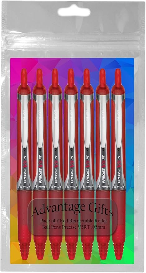 Precise V5 RT Retractable Rolling Ball Pens, Extra Fine Point (.5mm), Red Ink, 7-pk; Premium Comfort Grip, Bundle with Plastic Reusable Pouch