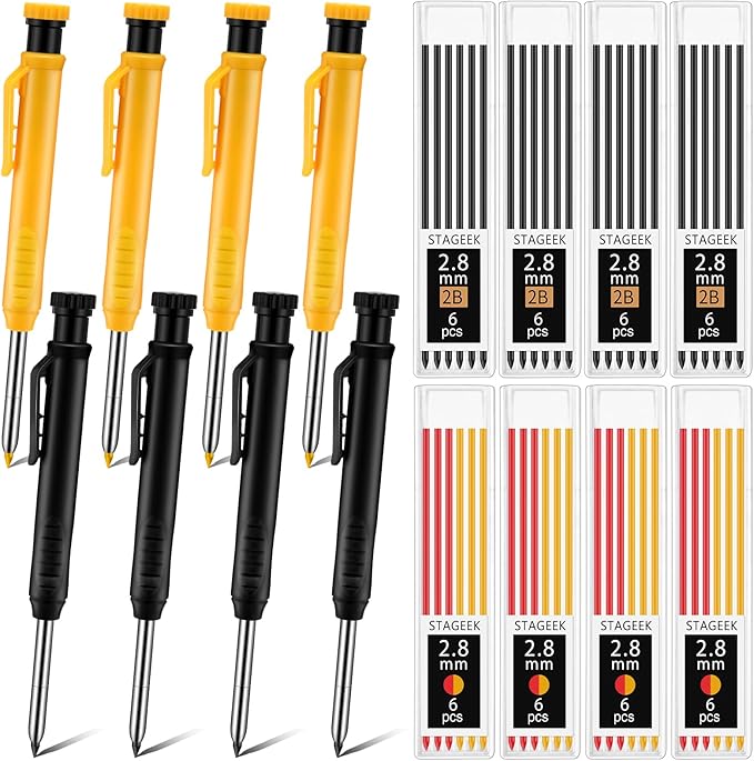 8 pack 2.8mm Mechanical Carpenter Pencils with 48 Refills, Construction Pencils with Built-in Sharpener, Long Nib Deep Hole Marker, Heavy Duty Woodworking Tools (Black+yellow)