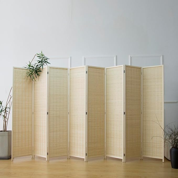 Furnnylane 8 Panel Room Divider and Folding Panel Screen,Bamboo Panel Divider Screen for Room Separation,Beige,67" H x 122.8" W