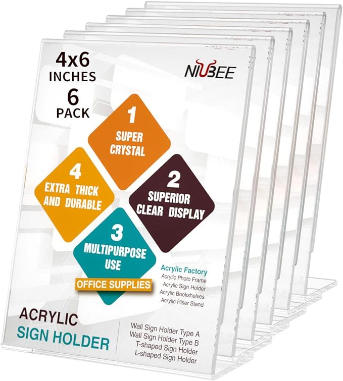 NIUBEE 6Pack Slant Back Acrylic Sign Holder 4x6 inches, Clear Vertical Picture Frames, Desktop Flyer Holder Document Holder Paper Display Stand