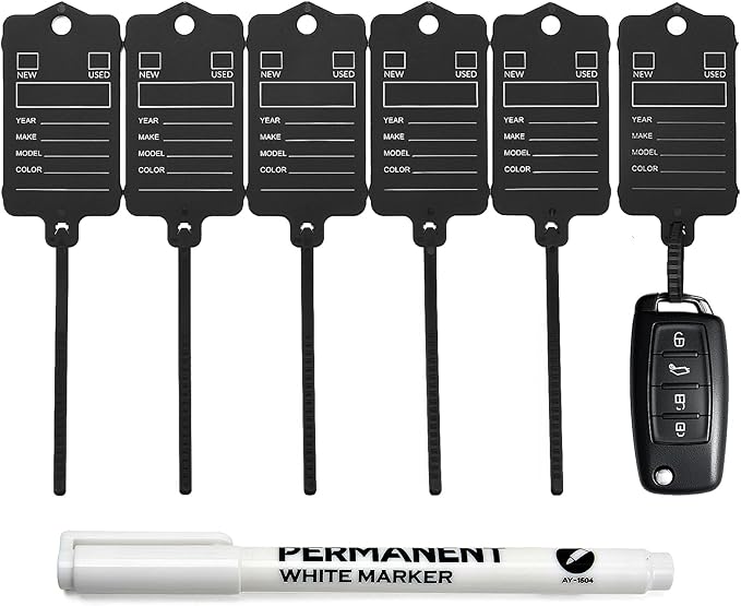 50 Car Key Tags with Labels Plastic Car Dealership Key Tags Self Locking Automotive Identifiers Blank Shop Labels with One Pen (Black)