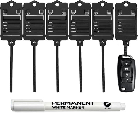 50 Car Key Tags with Labels Plastic Car Dealership Key Tags Self Locking Automotive Identifiers Blank Shop Labels with One Pen (Black)