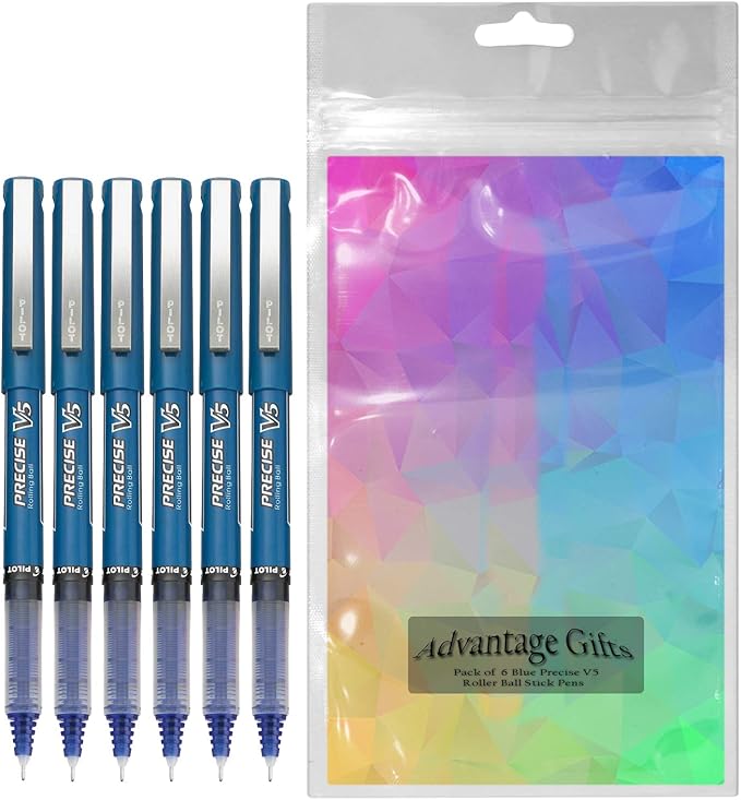 Precise V5 Stick Rolling Ball Pens, Extra Fine Point (.5mm), Blue Ink, 6-pk; Bundle with Plastic Reusable Pouch