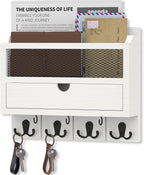 Nekon Mail Organizer with Drawer for Wall, 12"W x 10"H x 3.1"D Mail Sorter Wall Mounted, Wooden Key Holder Wall File Organizer Letter Sorter for Letter Magazines (White)