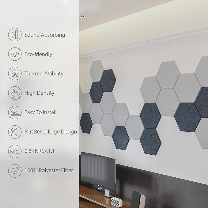 Amantech 12 Pack Acoustic Panels Self Adhesive Sound Proof Foam, High Density Sound Acoustic Foam Panel, 12X10.23X0.4 Inch Hexagon Wall Panels in Home,Office,Reccording Room,Studio(Moonlight Grey)